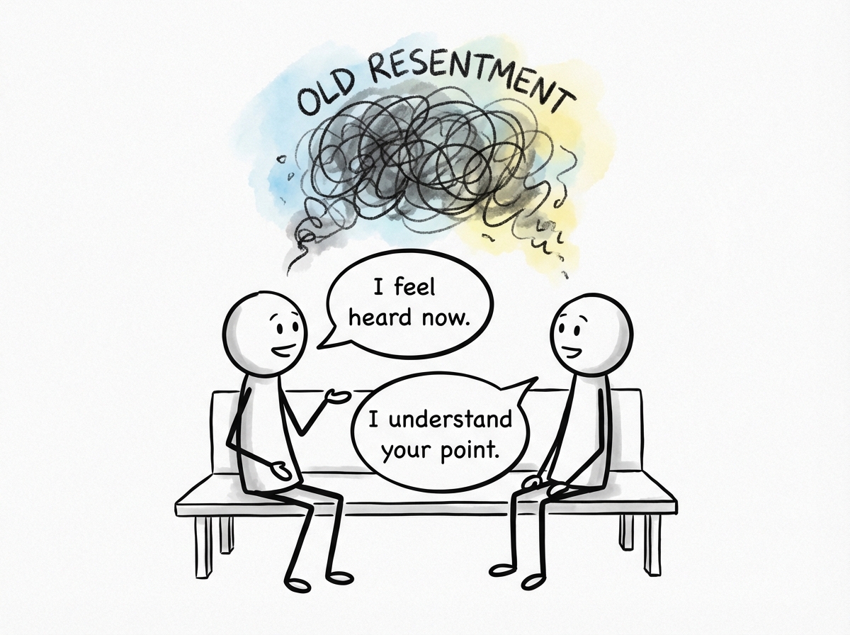 Two people having a calm conversation with clear speech bubbles between them, each bubble containing a simple honest sentence, with tangled dark clouds of old resentment dissolving above their heads