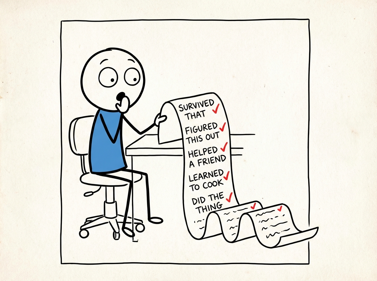 A stick figure sitting at a desk looking surprised while reviewing a long list of accomplishments they had forgotten about, with items like 'survived that' and 'figured this out' visible on the paper