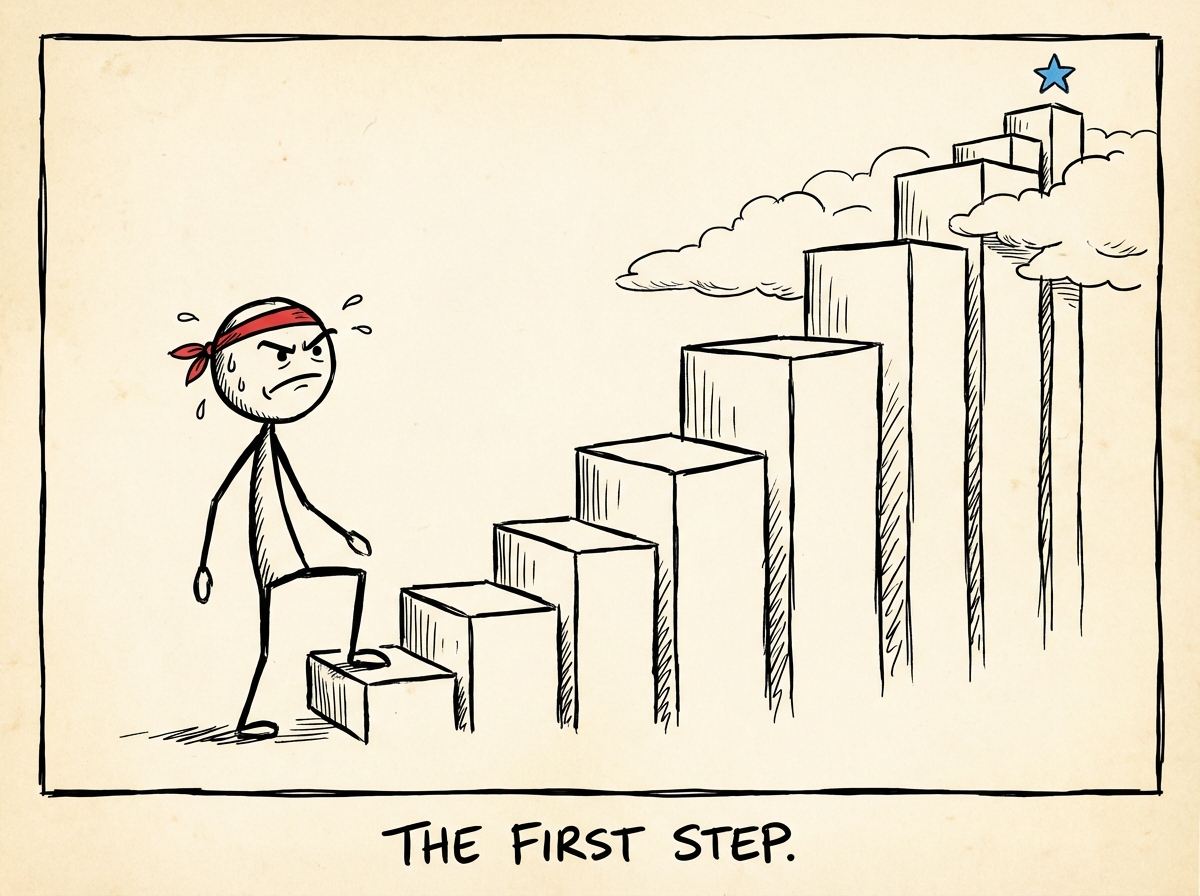 A stick figure standing at the bottom of a staircase, placing one foot on the first very small step with a determined expression, while the steps gradually get bigger toward the top