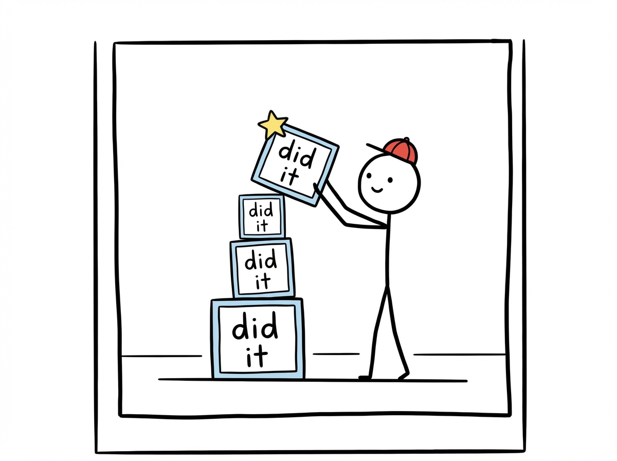 A stick figure carefully stacking blocks labeled 'did it' into a growing tower, each block slightly larger than the one below, with a satisfied expression as the tower gets taller