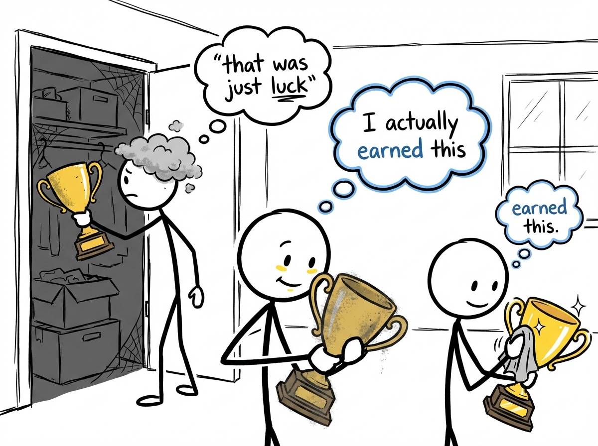 A stick figure holding up a trophy they had shoved in a closet, dusting it off and looking at it with fresh eyes, a thought bubble changing from 'that was just luck' to 'I actually earned this'