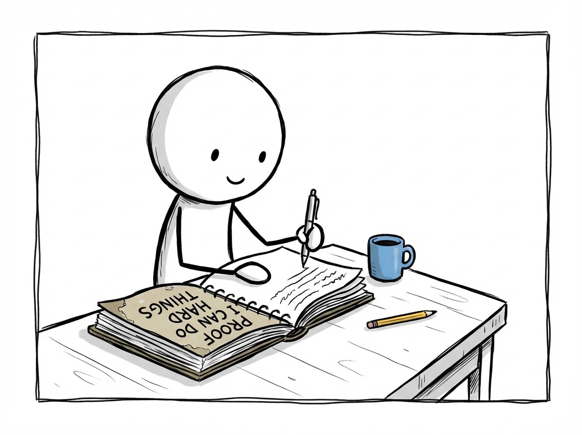 A stick figure sitting at a table adding a new entry to a thick notebook labeled 'proof I can do hard things,' with many filled pages visible and a calm, grounded expression
