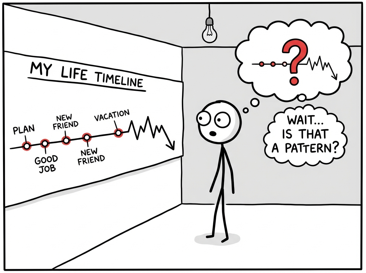 A stick figure looking at a timeline of their own life with several moments circled where things were going well and then suddenly went off the rails, the figure seeing the pattern for the first time