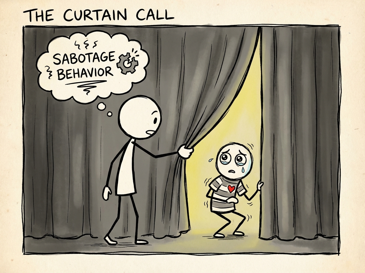 A stick figure pulling back a curtain behind their sabotage behavior and finding a small, frightened younger version of themselves hiding behind it
