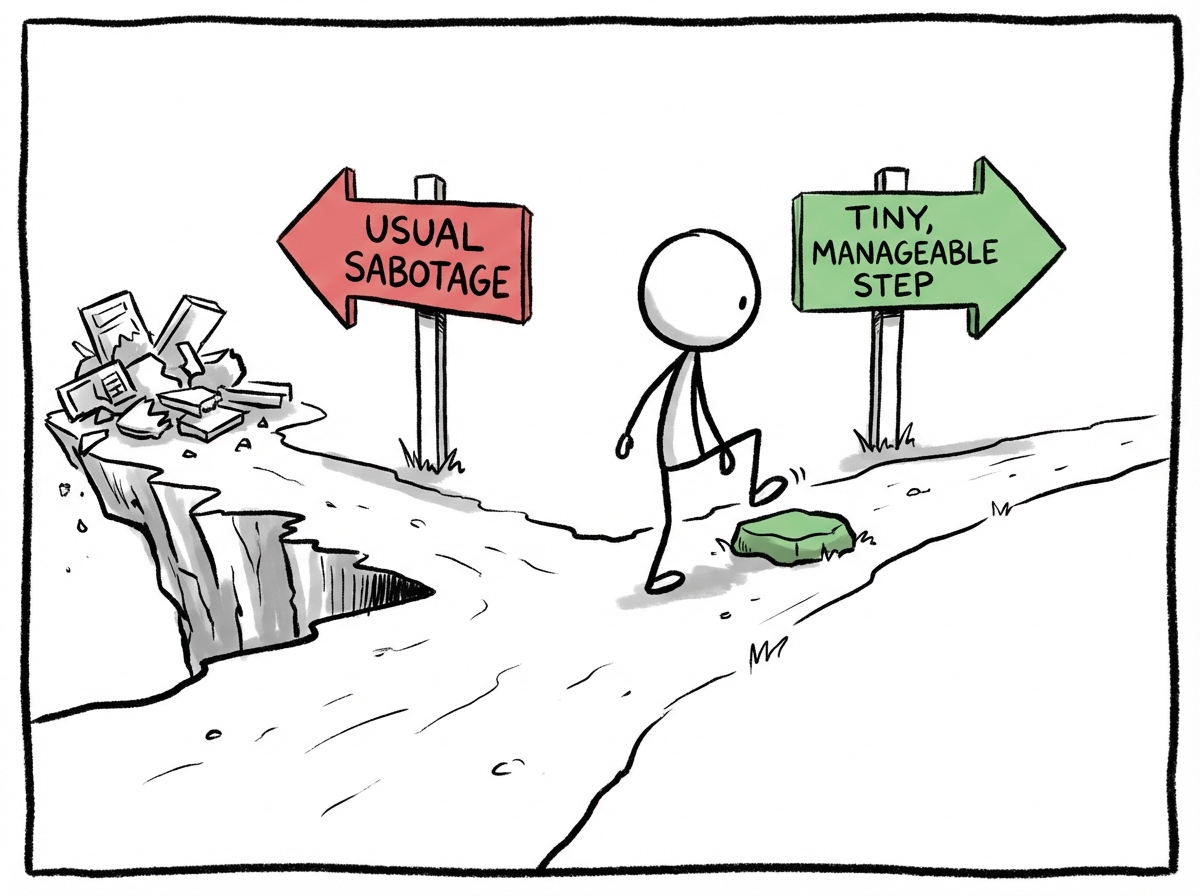 A stick figure standing at a fork where one path leads to their usual sabotage and the other to a tiny, manageable step forward, choosing the small step