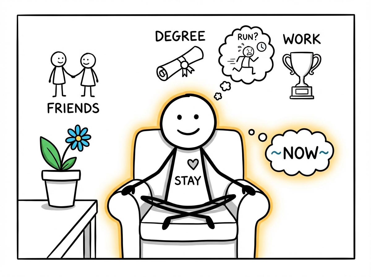A stick figure sitting in a comfortable, happy scene -- good relationships, achievements around them -- practicing staying in the moment instead of running, with a small anxious thought bubble they are choosing not to follow