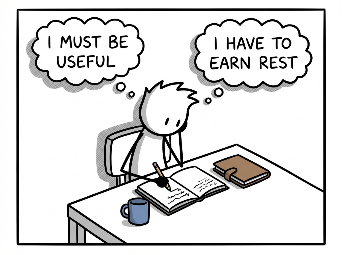A person sitting at a desk writing in a journal, with thought bubbles above their head containing phrases like 'I must be useful' and 'I have to earn rest,' each bubble casting a small shadow