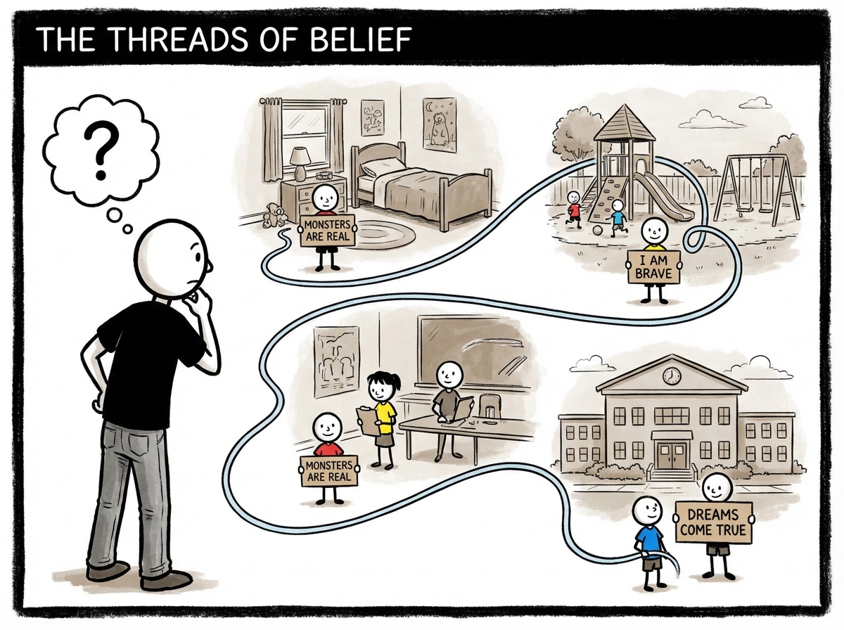A person looking at a long thread that trails behind them into childhood scenes, with small figures of younger versions of themselves each holding a sign with a belief written on it