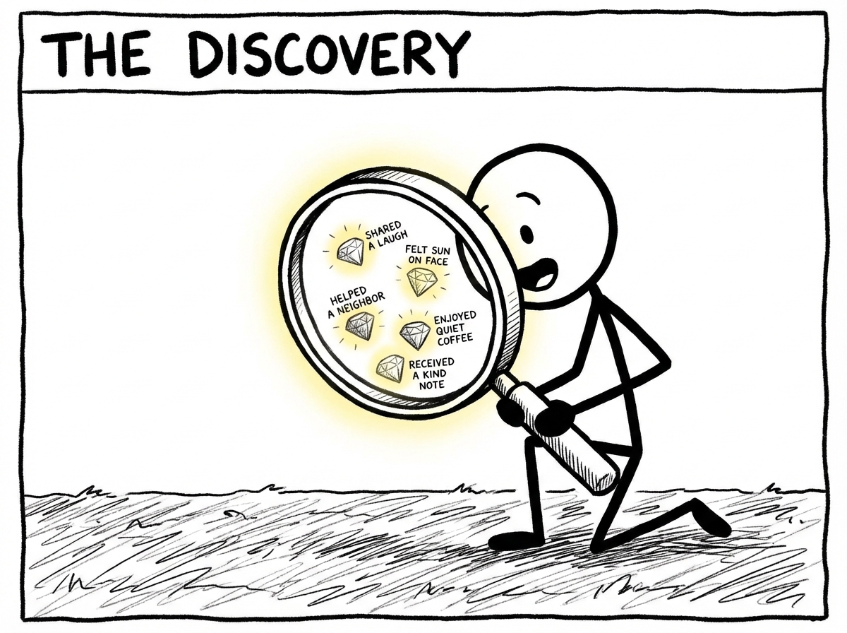 A person holding a magnifying glass and discovering small glowing gems scattered around them on the ground, each gem labeled with a positive moment they had overlooked