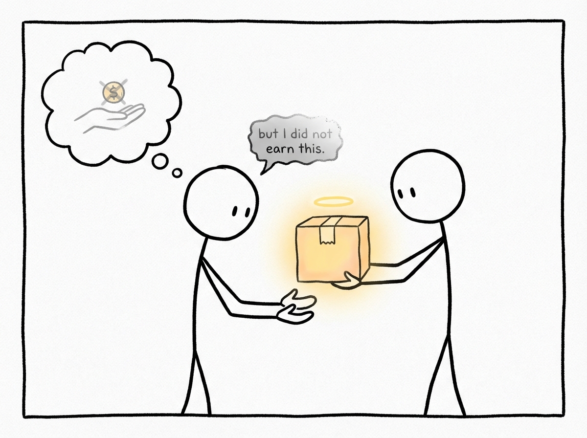 A person with open hands receiving a glowing gift from another person, resisting the urge to hand something back, with a small anxious voice bubble saying 'but I did not earn this' fading away