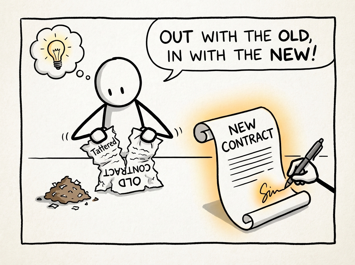 A person tearing up an old tattered contract and writing a new one on fresh paper, with the new contract glowing warmly as they sign it