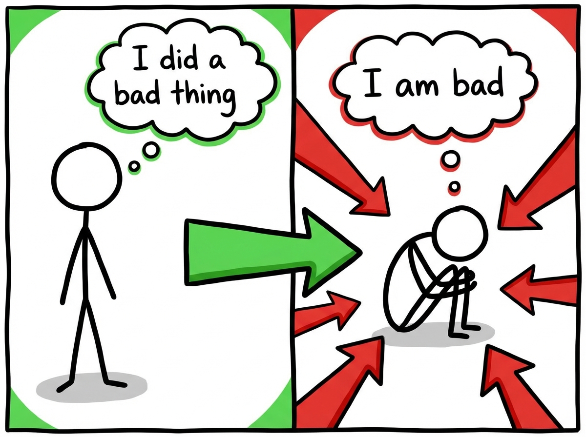 A split-panel image: on one side a stick figure saying 'I did a bad thing' with an arrow pointing toward making amends, on the other side a figure curled up saying 'I am bad' with arrows pointing inward