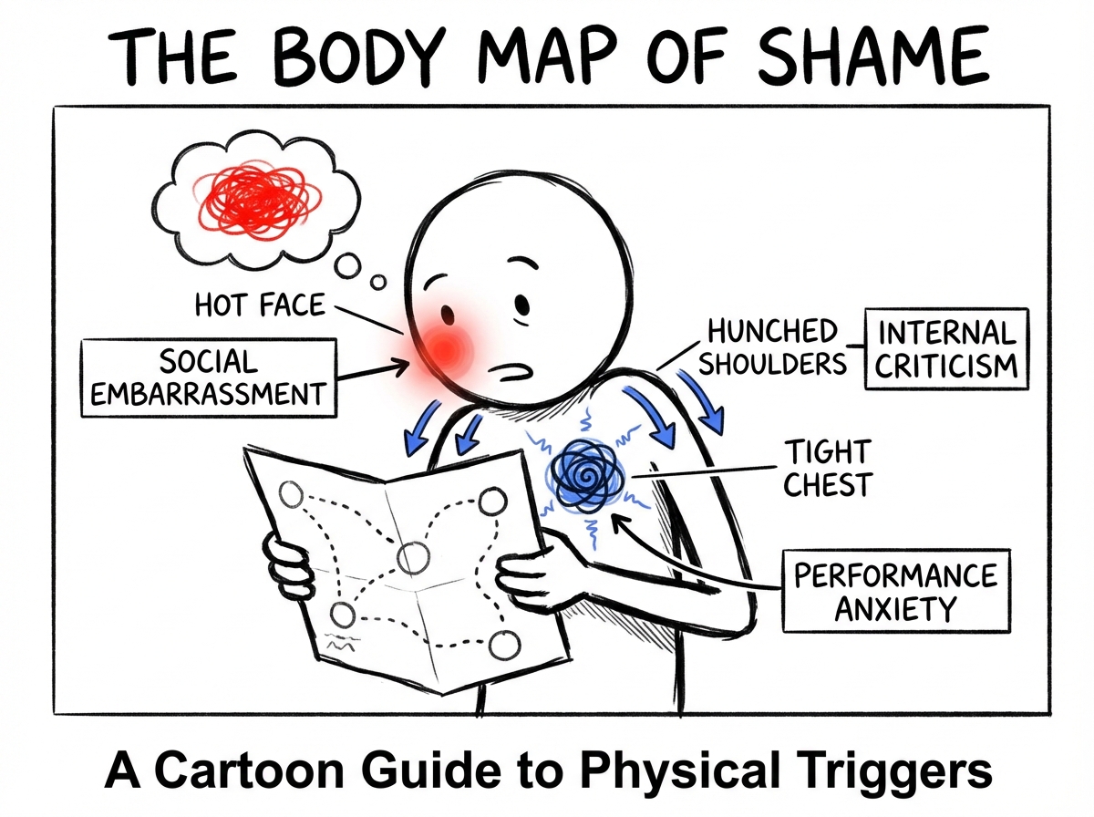 A stick figure with a map of their own body showing the places where shame shows up physically -- hot face, tight chest, hunched shoulders -- with labels naming the trigger categories