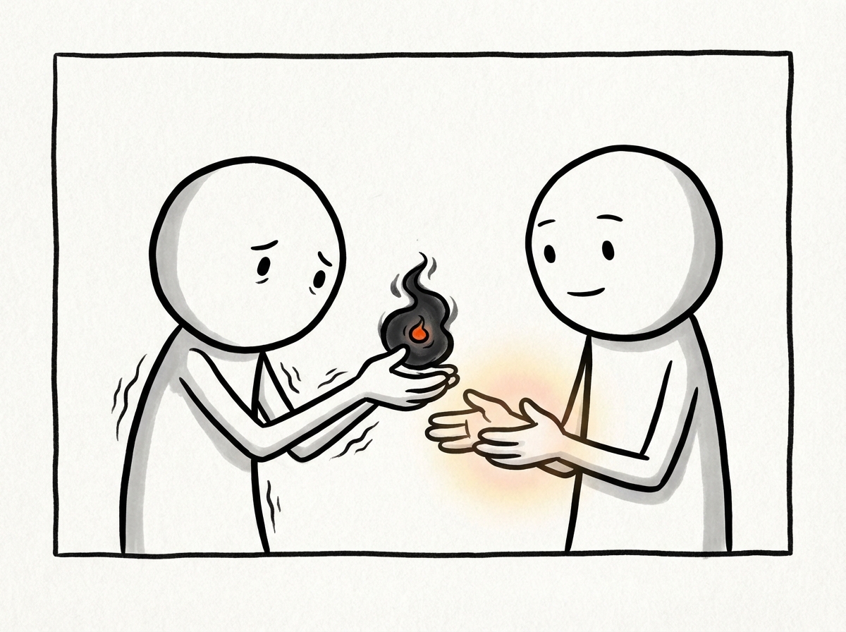Two stick figures sitting together, one tentatively sharing something difficult with a small dark shape between their hands, the other receiving it with open, steady hands
