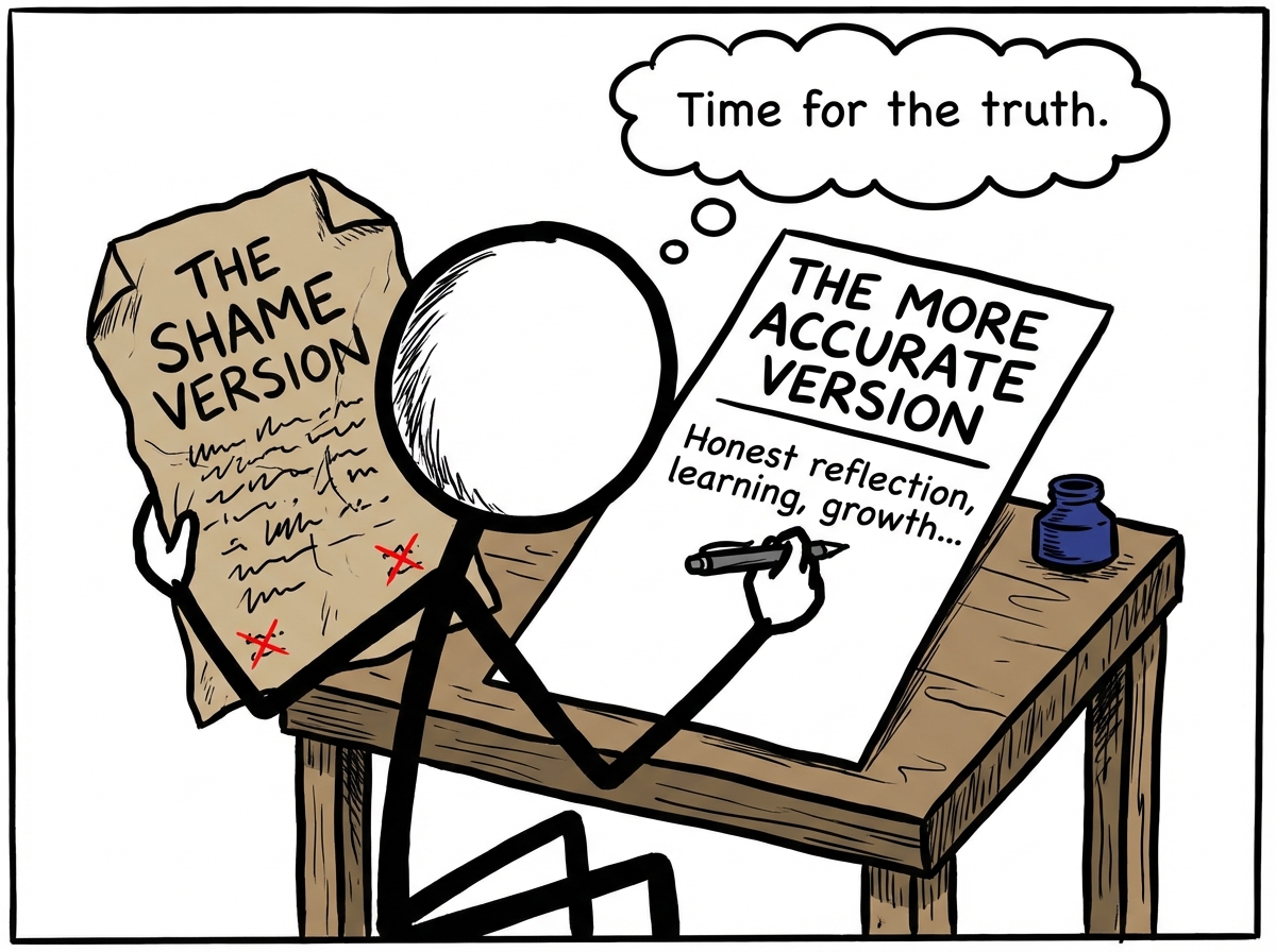 A stick figure holding an old, tattered story labeled 'the shame version' and beginning to write a new page labeled 'the more accurate version' with better, truer words