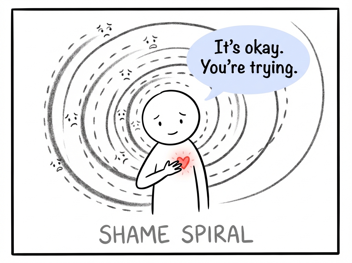 A stick figure in the middle of a shame spiral, placing a hand on their own chest and speaking kindly to themselves, with the spiral starting to slow and widen