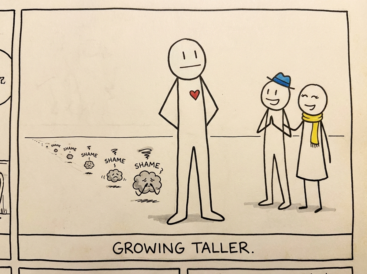 A stick figure standing taller and steadier, with small representations of past shame moments behind them getting smaller in the distance, and a few trusted people standing nearby