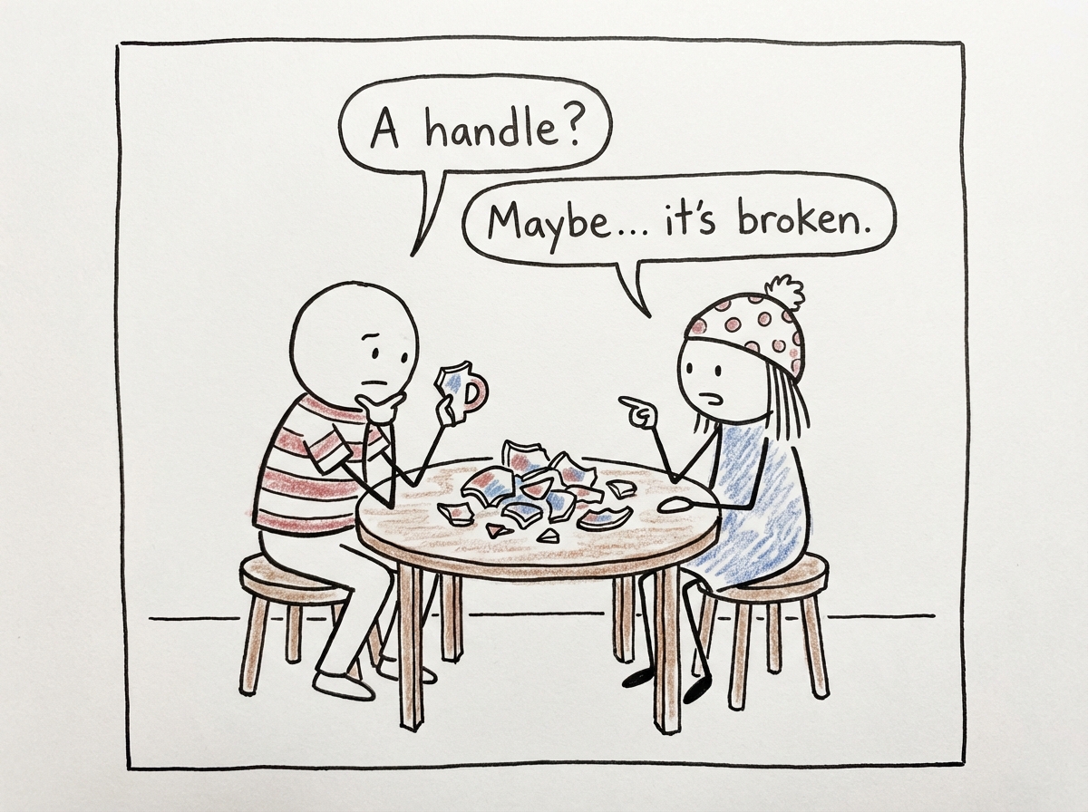 Two people sitting across from each other at a table, looking at the broken pieces of something between them, honestly examining each piece