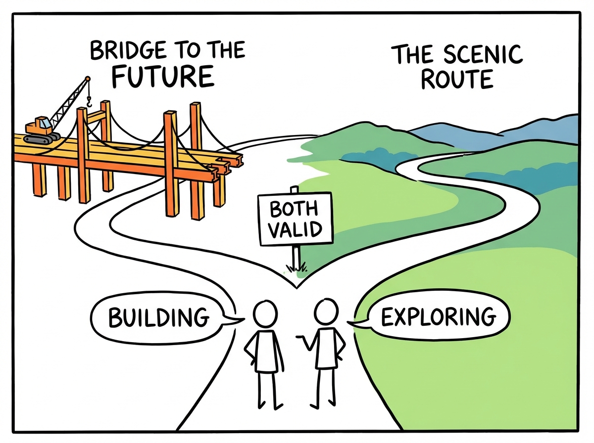 Two people standing at a fork in the road, one path leading toward a bridge under construction and the other leading away, both paths shown as valid