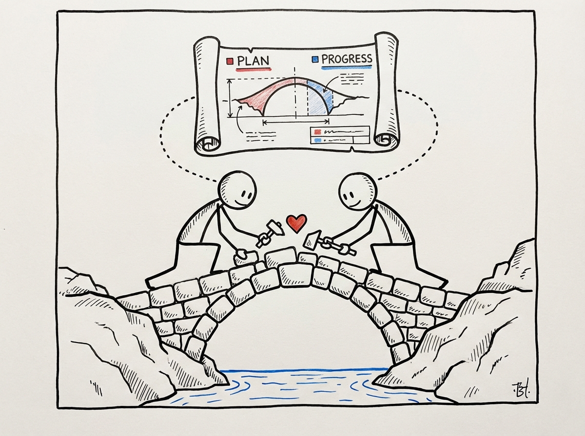 Two people carefully building a bridge together from opposite sides, with clear blueprints visible that both are following