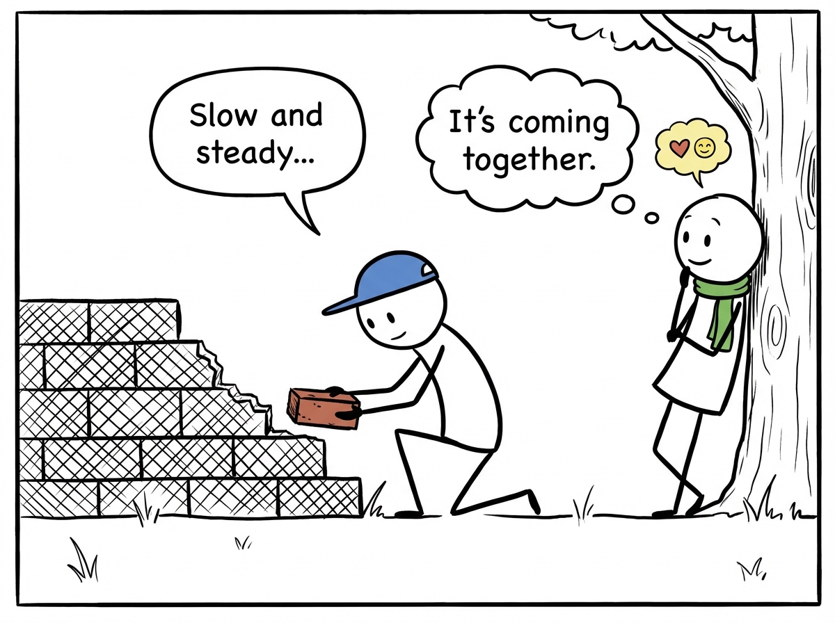 A person carefully placing small bricks one by one to rebuild a wall, with a partner watching and gradually looking more reassured