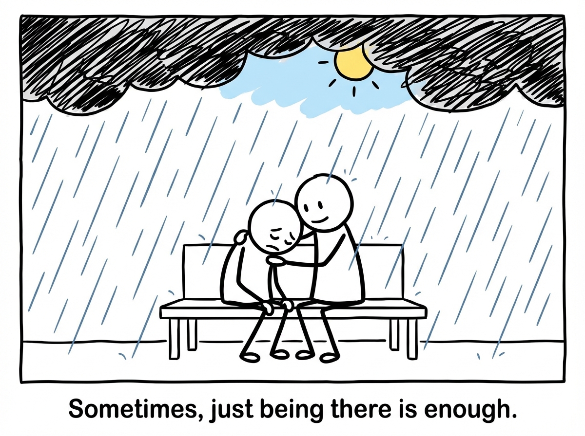 Two people sitting together in the rain, one comforting the other, with the clouds slowly beginning to part overhead
