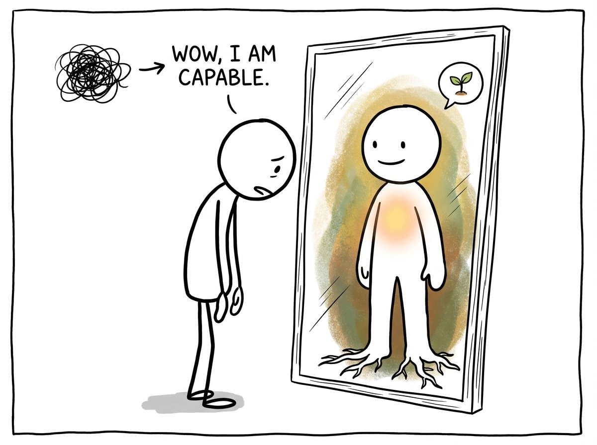 A person looking at their own reflection with growing confidence, seeing a wiser and more grounded version of themselves looking back