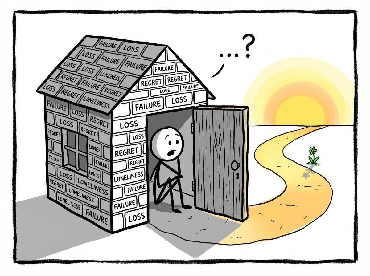 A person sitting inside a small house built from bricks labeled with painful memories, noticing that the front door is open and there is a path leading outside into daylight