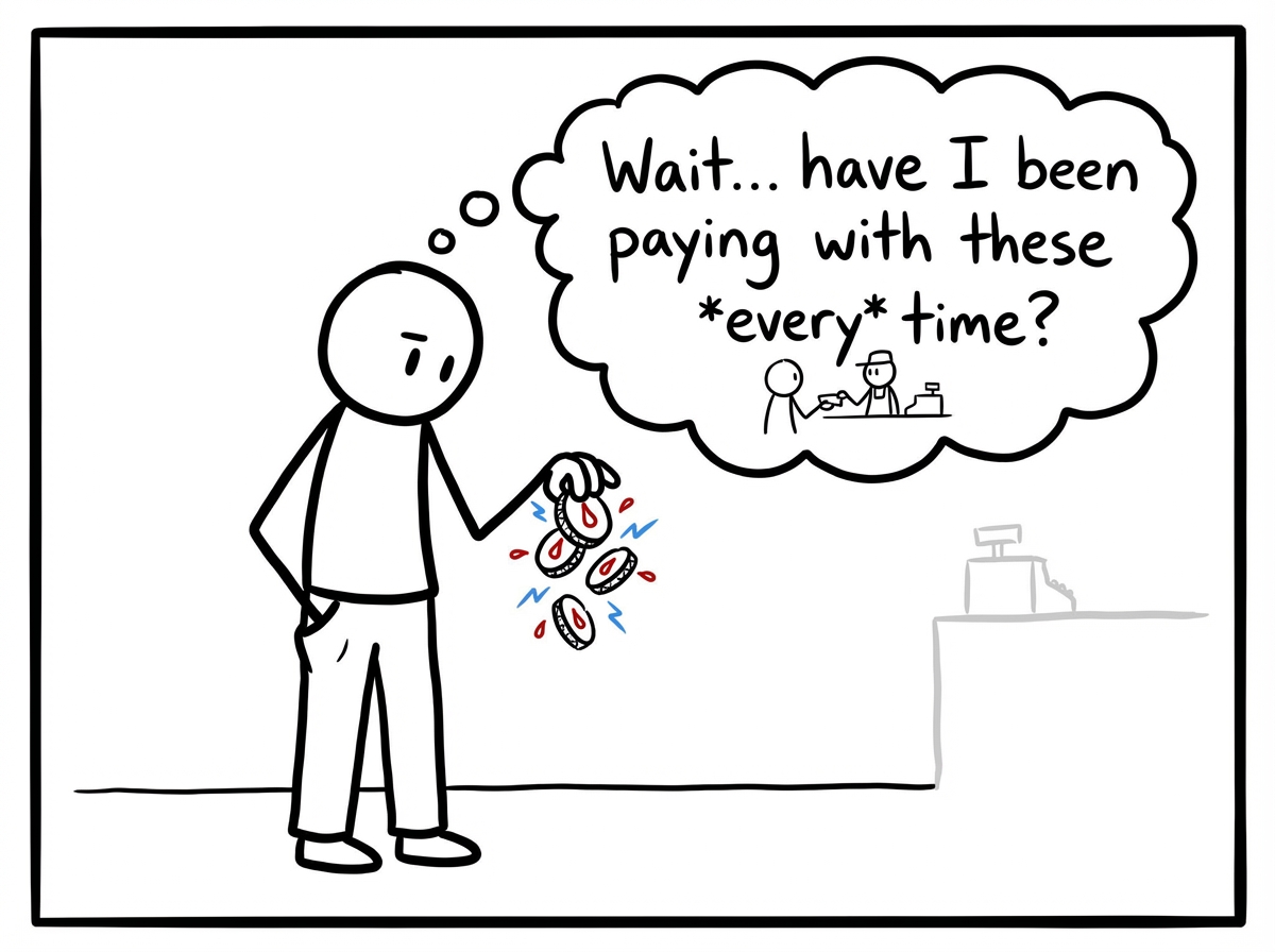 A person reaching into their pocket and pulling out coins stamped with pain symbols, looking at them thoughtfully and realizing they have been trading with them at every interaction