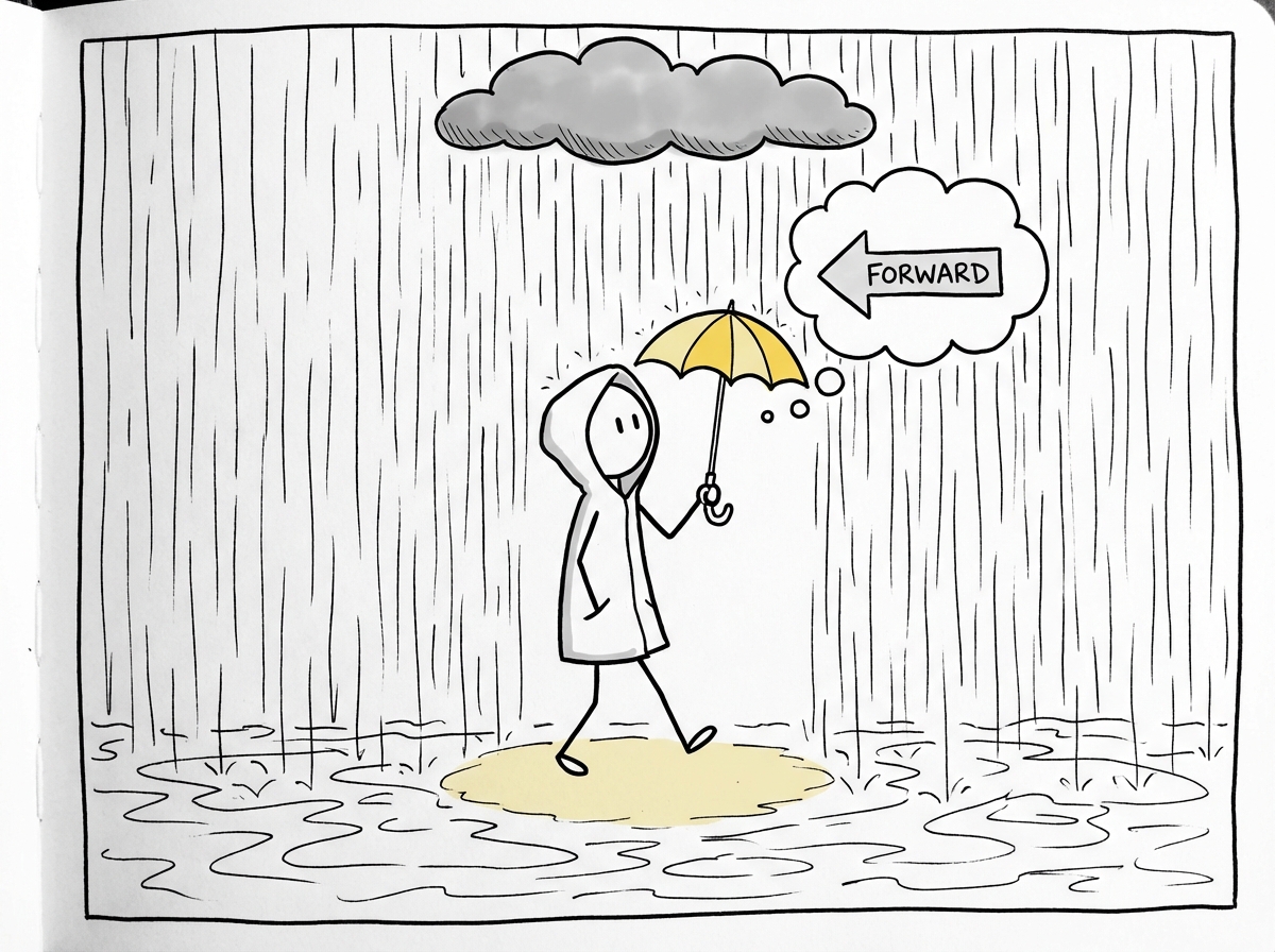 A person standing in the rain, unable to stop the storm, but picking up an umbrella and choosing which direction to walk, with a small circle of dry ground forming around their feet