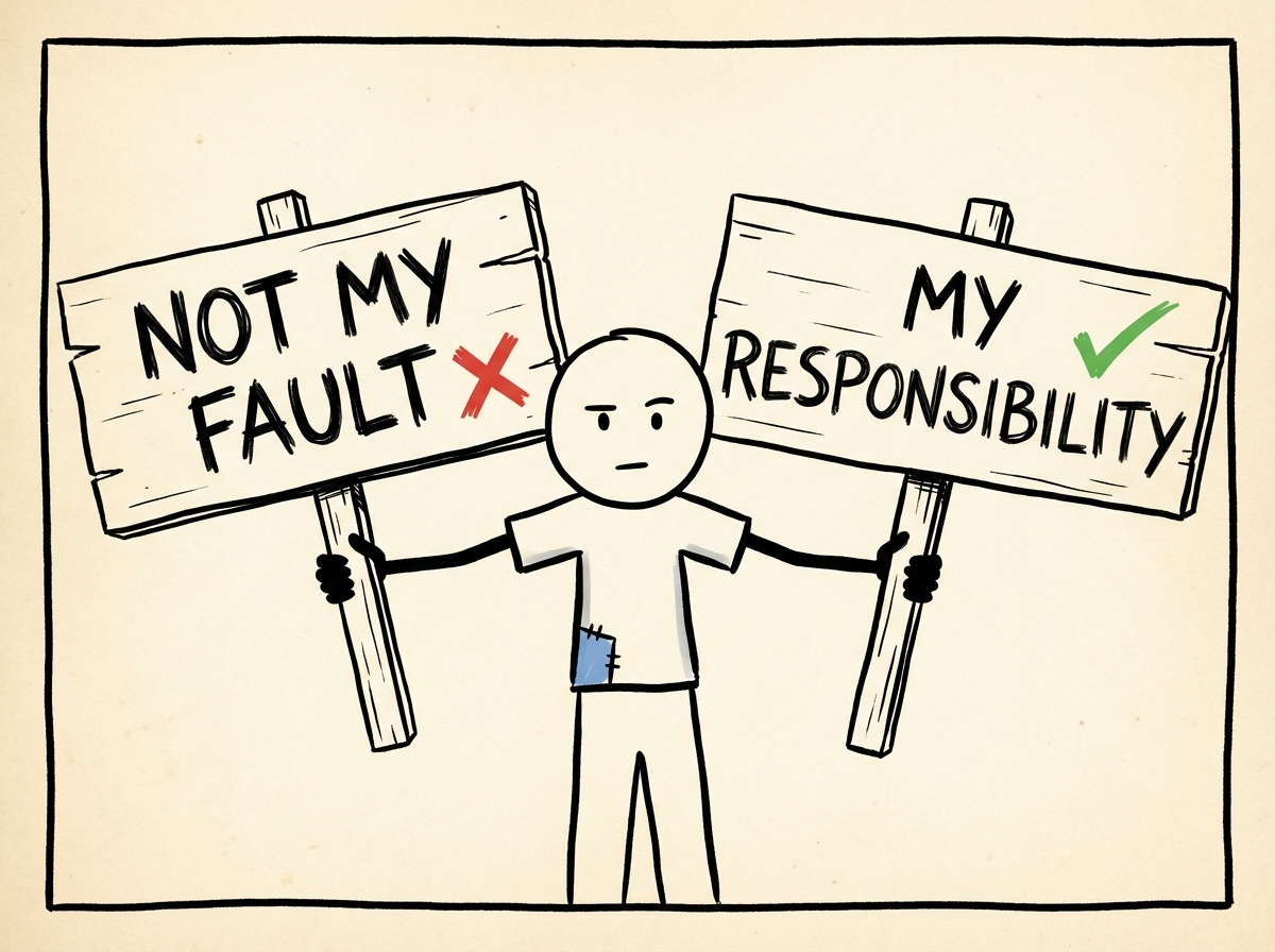 A person holding two signs, one reading 'not my fault' and the other reading 'my responsibility,' balancing both signs evenly on their shoulders without dropping either one