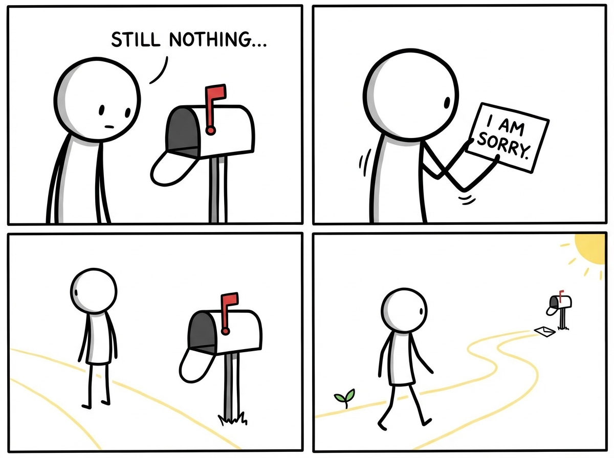 A person standing at a mailbox, waiting for a letter that says 'I am sorry,' then turning away from the mailbox and starting to walk down a new path, leaving the mailbox behind