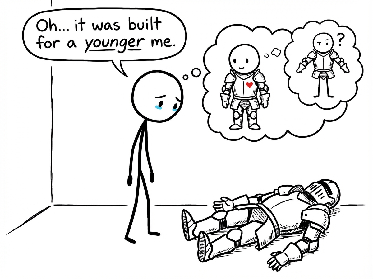 A person looking at a suit of armor they've been wearing, beginning to understand it was built for a younger version of themselves