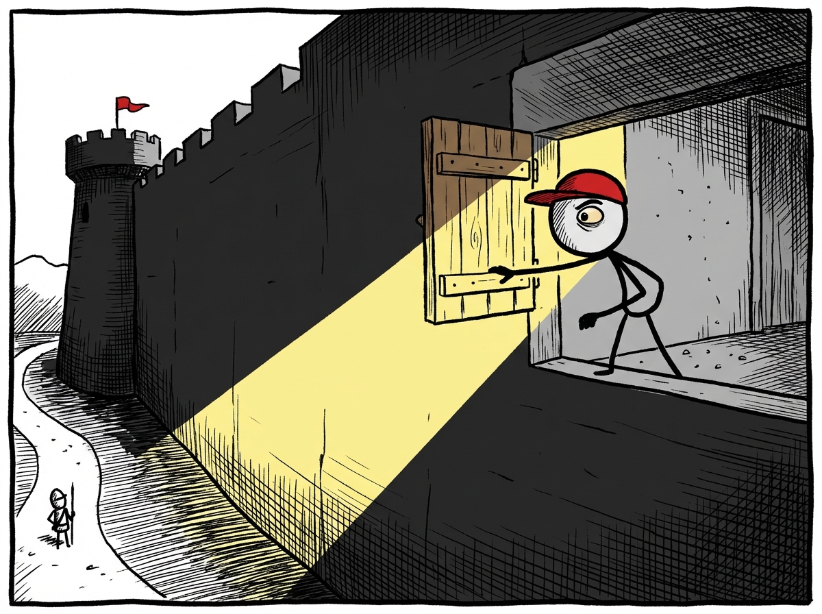 A person carefully opening a small window in a tall fortress wall, letting a little light in and peeking out cautiously
