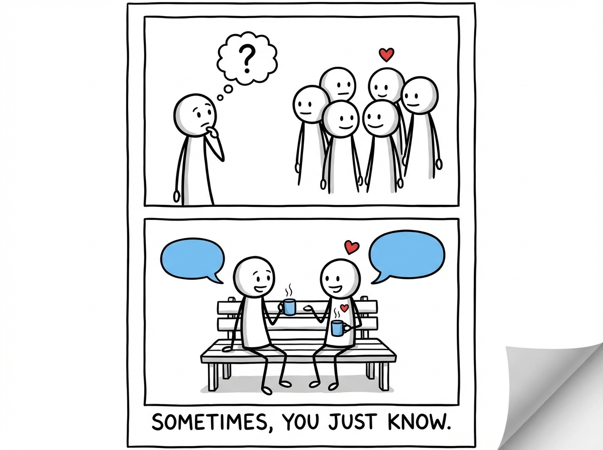 A person looking at a group of people and thoughtfully choosing one trusted friend to sit down and talk with