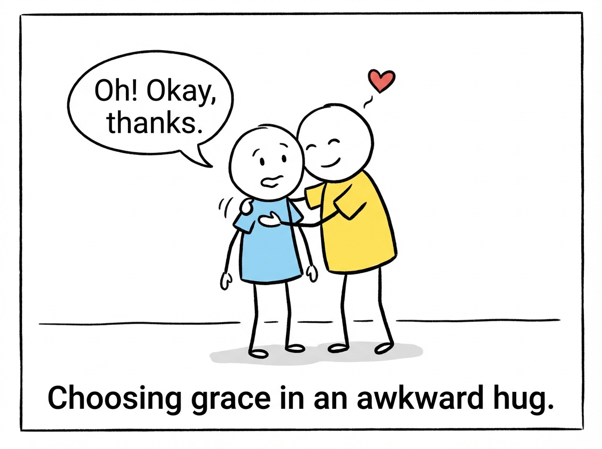 A person receiving a slightly awkward but well-meaning hug from a friend, choosing to accept it with grace rather than pulling away
