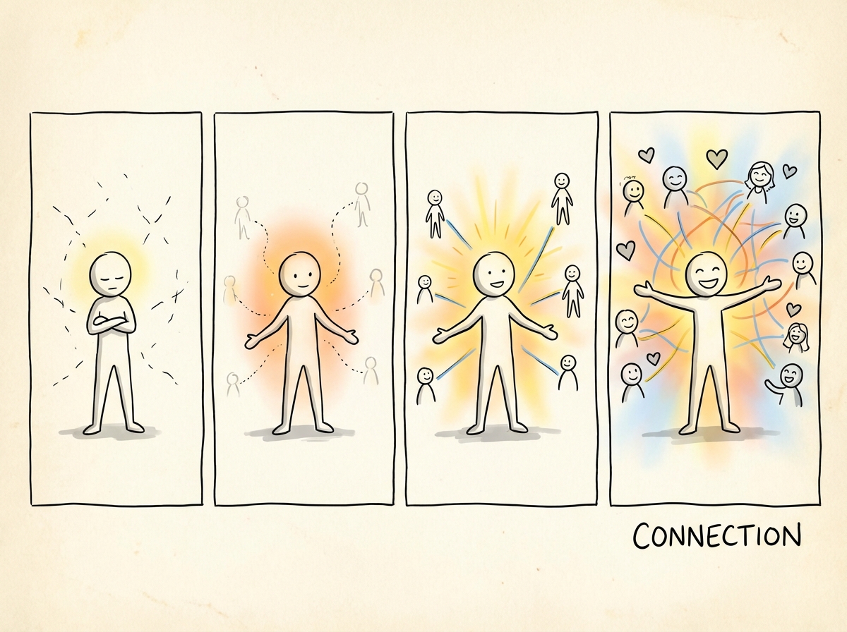A person standing with arms gradually opening wider over a sequence of moments, with each frame showing more light and connection around them