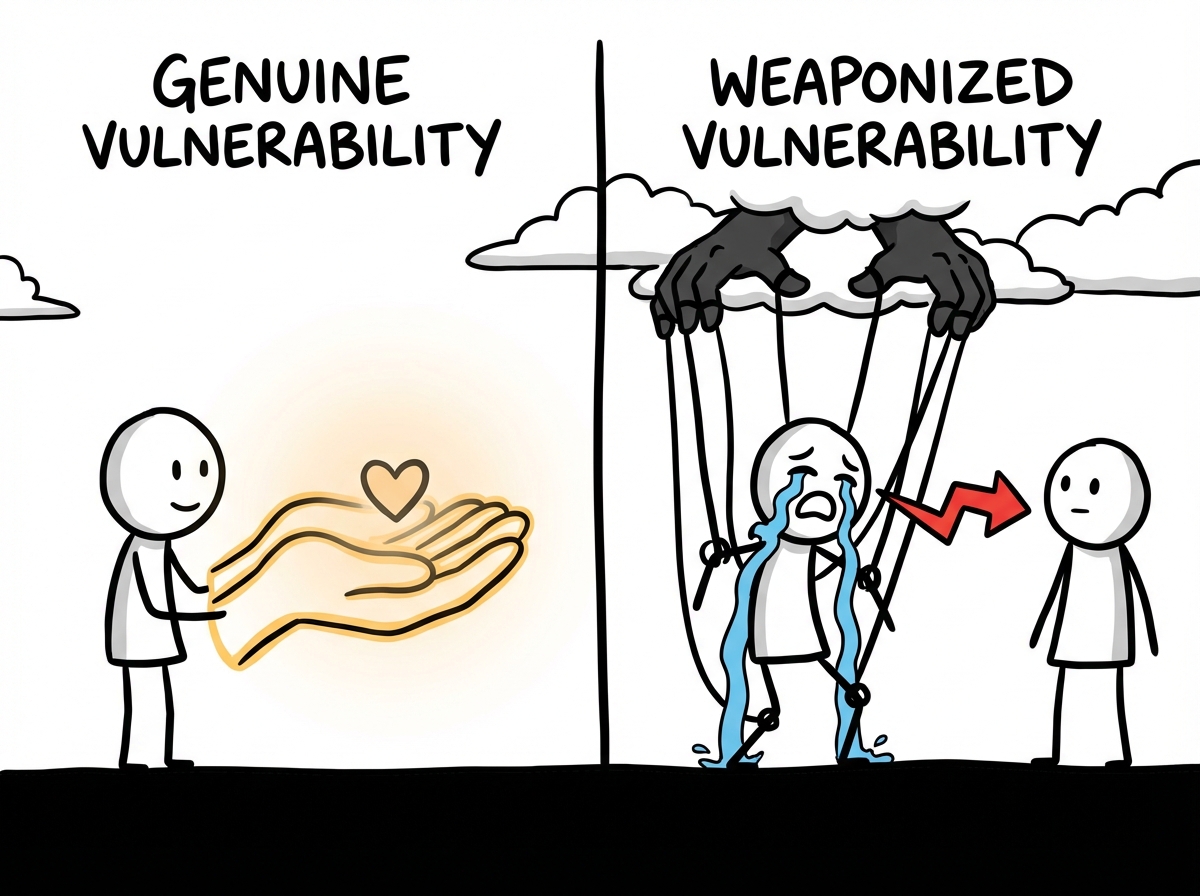 A split image showing genuine vulnerability as a warm open hand on one side, and weaponized vulnerability as tears with puppet strings attached on the other