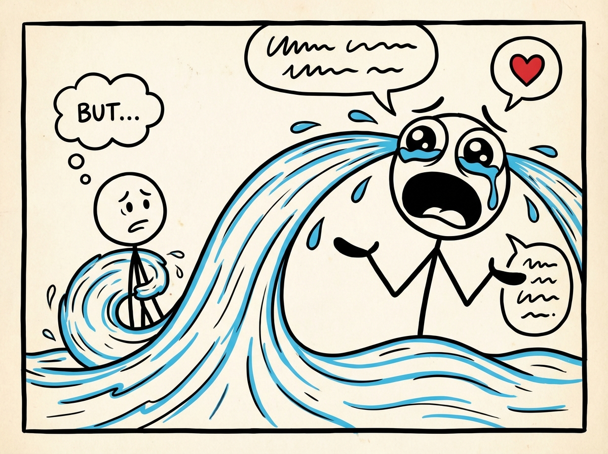 A person trying to express a concern but getting swept away by a flood of the other person's dramatic tears