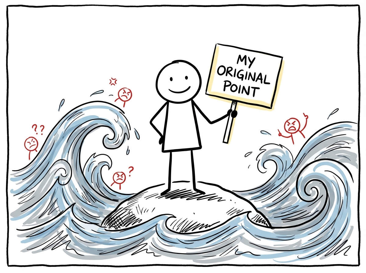 A person standing steady with a gentle expression while emotional waves crash around them, holding a small sign that says their original point