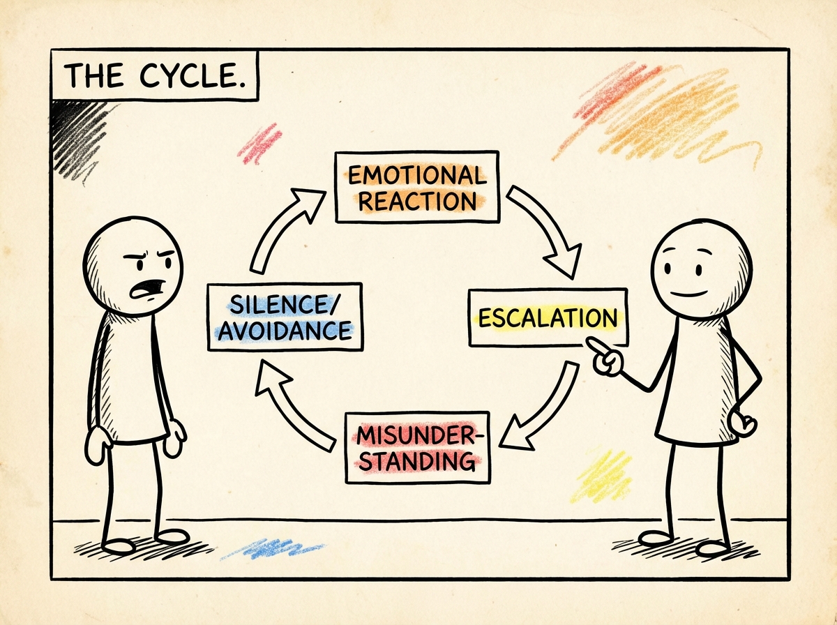 Two people with a diagram between them showing the conversation pattern, one person calmly pointing to the cycle