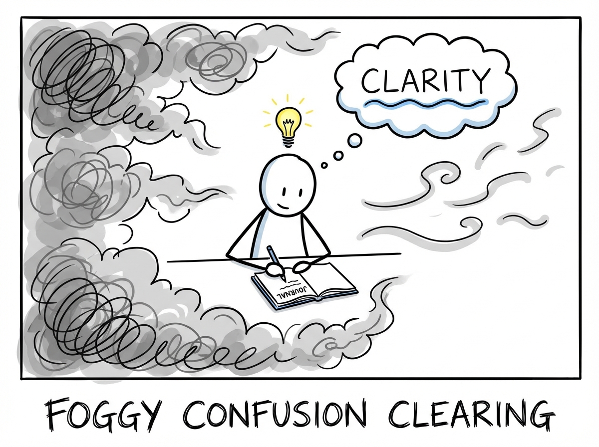 A person writing in a journal with a clear head while foggy confusion clears around them