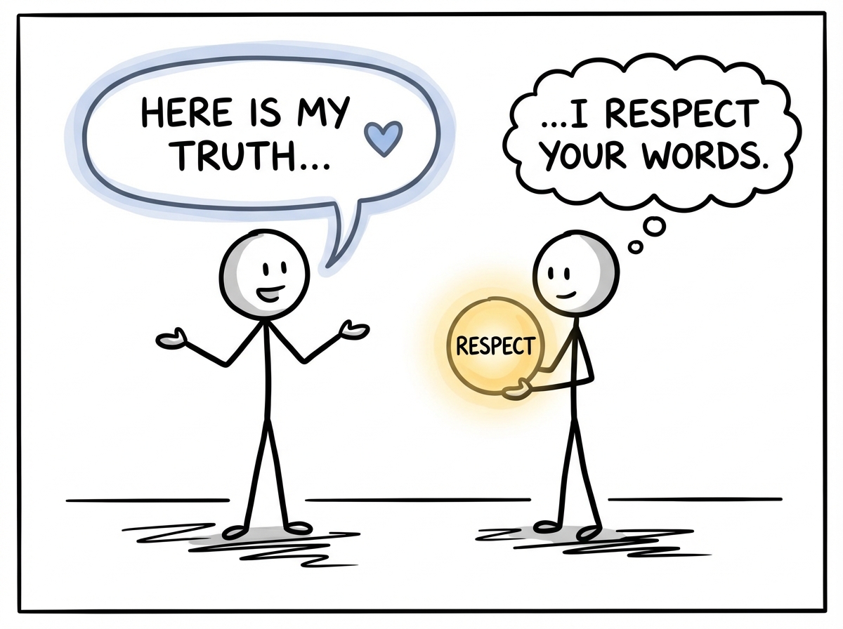 A person speaking honestly with an open posture, their words landing gently with the other person who receives them with respect