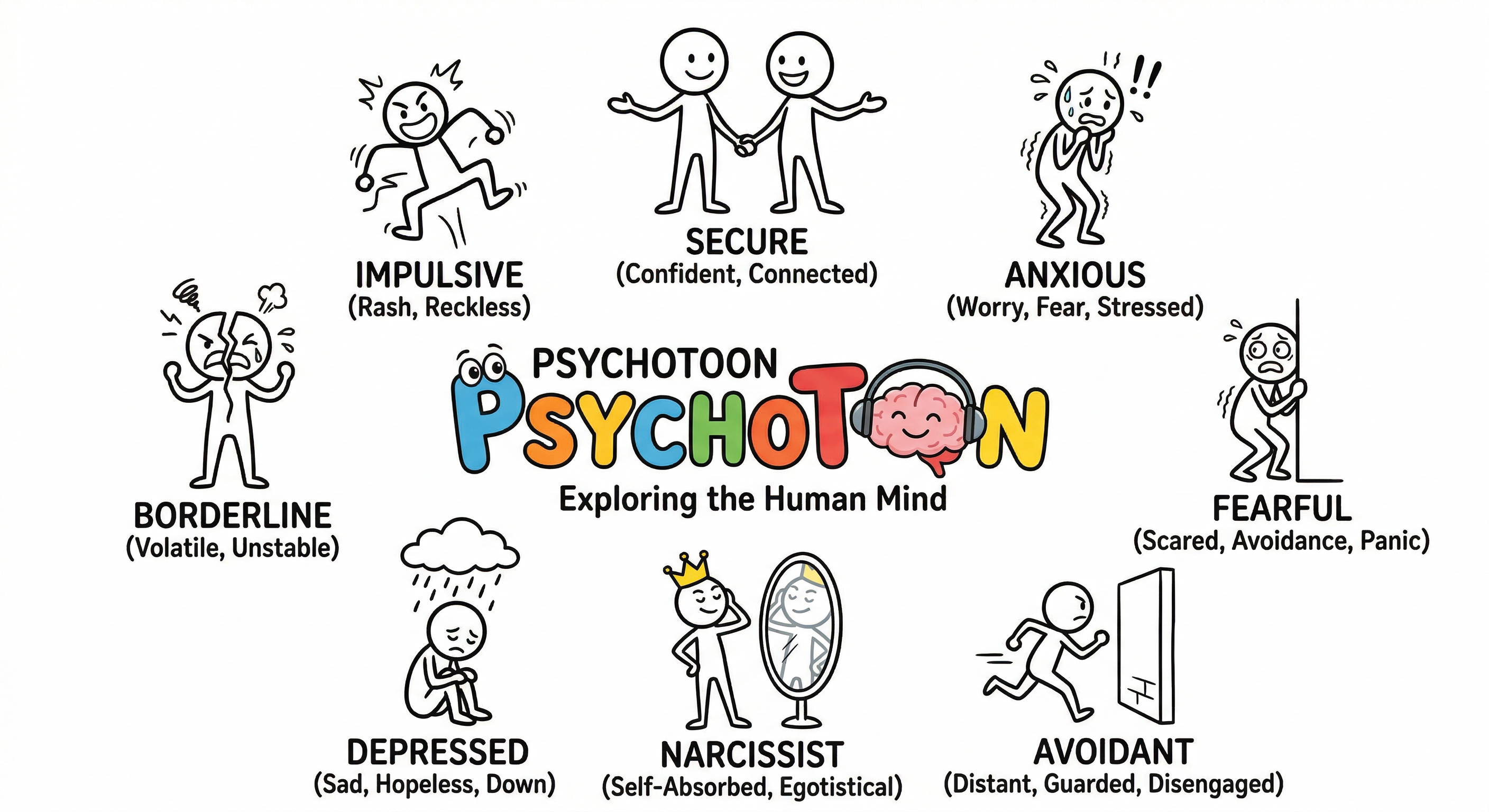 Psychotoon — Exploring the Human Mind. Stick figure characters representing psychology archetypes: Secure, Anxious, Fearful, Avoidant, Narcissist, Depressed, Borderline, and Impulsive.